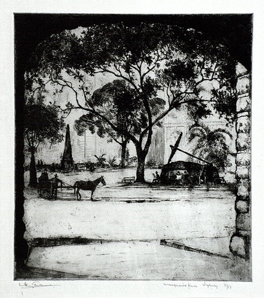 Artist: b'FULLWOOD, A.H.' | Title: b'Macquarie Place, Sydney.' | Date: c.1923 | Technique: b'etching, printed in blue/black ink with plate-tone, from one plate' Artist: b'FULLWOOD, A.H.' | Title: b'Macquarie Place, Sydney.' | Date: c.1923 | Technique: b'etching, printed in blue/black ink with plate-tone, from one plate'