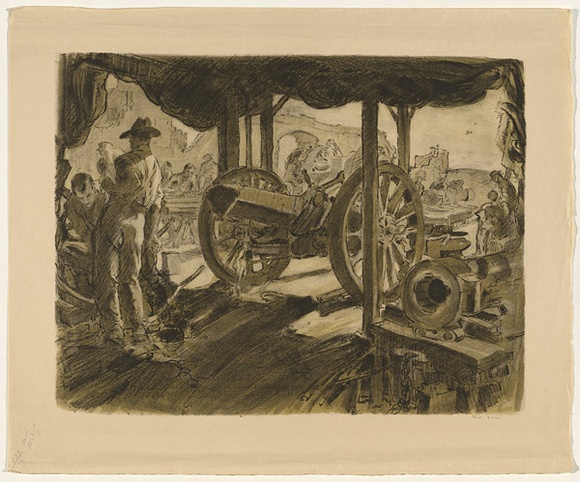 Artist: b'Dyson, Will.' | Title: b'Ordinance workshops, Cambrai Road.' | Date: 1918 | Technique: b'lithograph, printed in colour, from two stones (black and green)' Artist: b'Dyson, Will.' | Title: b'Ordinance workshops, Cambrai Road.' | Date: 1918 | Technique: b'lithograph, printed in colour, from two stones (black and green)'