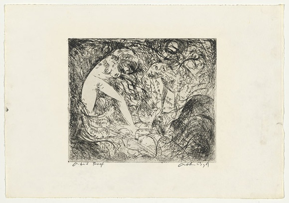 Artist: b'BOYD, Arthur' | Title: b'Nude with dog in thicket.' | Date: (1962-63) | Technique: b'etching, printed in black ink, from one plate' | Copyright: b'Reproduced with permission of Bundanon Trust' Artist: b'BOYD, Arthur' | Title: b'Nude with dog in thicket.' | Date: (1962-63) | Technique: b'etching, printed in black ink, from one plate' | Copyright: b'Reproduced with permission of Bundanon Trust'
