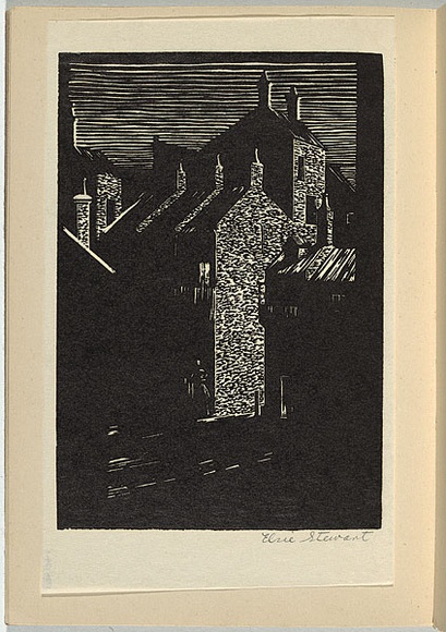 Artist: b'Stewart, Elsie.' | Title: b'(Night street scene): from the book, Running Water, A Play.' | Date: 1940 | Technique: b'linocut, printed in black ink, from one block' Artist: b'Stewart, Elsie.' | Title: b'(Night street scene): from the book, Running Water, A Play.' | Date: 1940 | Technique: b'linocut, printed in black ink, from one block'