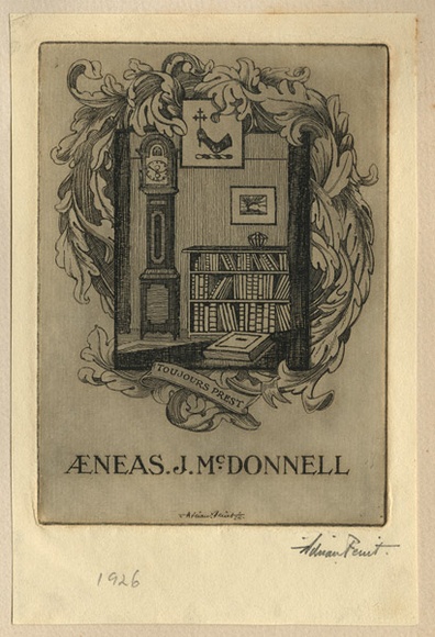 Artist: b'FEINT, Adrian' | Title: b'Bookplate: Aeneas J McDonnell.' | Date: 1926 | Technique: b'etching, printed in brown ink, from one plate' | Copyright: b'Courtesy the Estate of Adrian Feint' Artist: b'FEINT, Adrian' | Title: b'Bookplate: Aeneas J McDonnell.' | Date: 1926 | Technique: b'etching, printed in brown ink, from one plate' | Copyright: b'Courtesy the Estate of Adrian Feint'