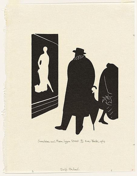 Artist: b'Thake, Eric.' | Title: b'Sunshine and rain, Lygon Street' | Date: 1964 | Technique: b'linocut, printed in black ink, from one block' Artist: b'Thake, Eric.' | Title: b'Sunshine and rain, Lygon Street' | Date: 1964 | Technique: b'linocut, printed in black ink, from one block'