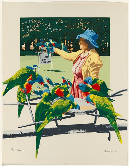 Artist: b'Robinson, Sally.' | Title: b'Parrots' | Date: 1976 | Technique: b'photo-screenprint and screenprint, printed in colour, from multiple stencils' | Copyright: b'Represented by Robin Gibson, Sydney, AGOG in Canberra & Editions Gallery, Melbourne' Artist: b'Robinson, Sally.' | Title: b'Parrots' | Date: 1976 | Technique: b'photo-screenprint and screenprint, printed in colour, from multiple stencils' | Copyright: b'Represented by Robin Gibson, Sydney, AGOG in Canberra & Editions Gallery, Melbourne'