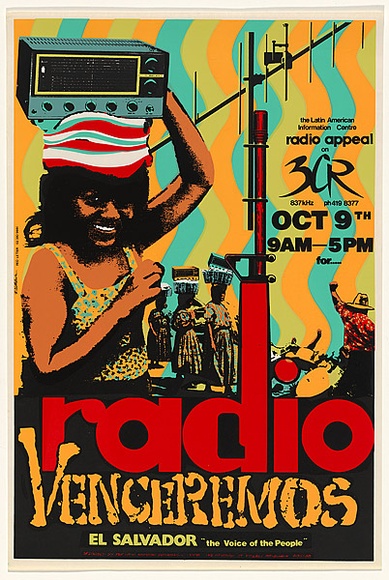 Artist: b'Clutterbuck, Bob.' | Title: b'Radio venceremos.' | Date: 1984 | Technique: b'screenprint, printed in colour, from multiple stencils' Artist: b'Clutterbuck, Bob.' | Title: b'Radio venceremos.' | Date: 1984 | Technique: b'screenprint, printed in colour, from multiple stencils'
