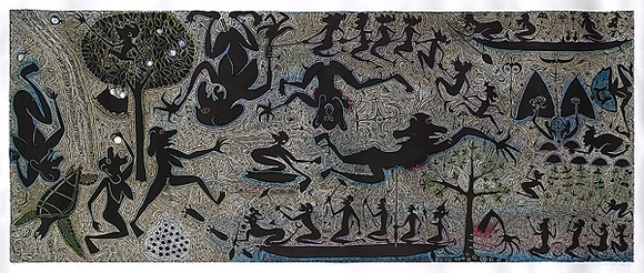 Artist: b'Nona, Dennis.' | Title: b'Dhogai Zug' | Date: 2005 | Technique: b'linocut, printed in black ink, from one block; hand-coloured' | Copyright: b'Courtesy of the artist and the Australia Art Print Network' Artist: b'Nona, Dennis.' | Title: b'Dhogai Zug' | Date: 2005 | Technique: b'linocut, printed in black ink, from one block; hand-coloured' | Copyright: b'Courtesy of the artist and the Australia Art Print Network'