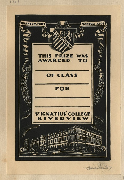 Artist: b'FEINT, Adrian' | Title: bBookplate: This prize was awarded to_of class_ for_St.Ignatius' College Riverview. | Date: (1934) | Technique: b'wood-engraving, printed in black ink, from one block' | Copyright: b'Courtesy the Estate of Adrian Feint' Artist: b'FEINT, Adrian' | Title: bBookplate: This prize was awarded to_of class_ for_St.Ignatius' College Riverview. | Date: (1934) | Technique: b'wood-engraving, printed in black ink, from one block' | Copyright: b'Courtesy the Estate of Adrian Feint'