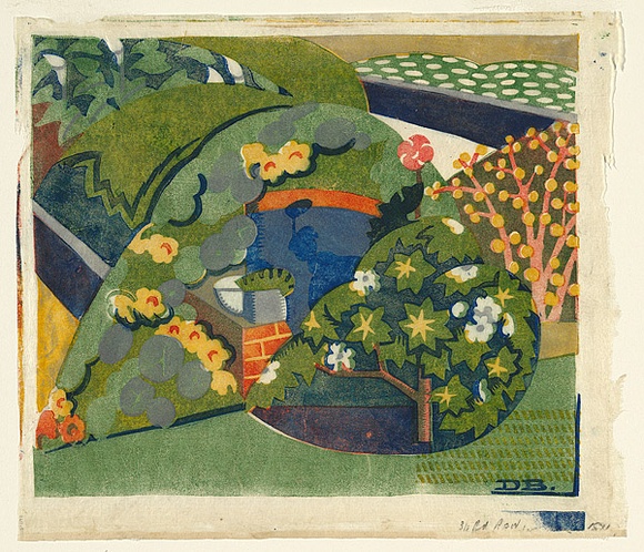 Artist: b'Black, Dorrit.' | Title: b'Corner of the garden.' | Date: c.1936 | Technique: b'linocut, printed in colour, from five blocks (yellow ochre, vermilion, viridian, cobalt blue, grey)' Artist: b'Black, Dorrit.' | Title: b'Corner of the garden.' | Date: c.1936 | Technique: b'linocut, printed in colour, from five blocks (yellow ochre, vermilion, viridian, cobalt blue, grey)'