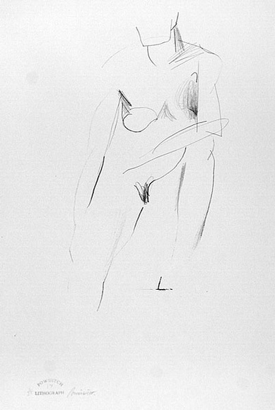 Artist: Powditch, Peter. | Title: not titled [standing female nude - raised knee supporting elbow] | Date: c.1972 | Technique: lithograph, printed in black ink, from one plate