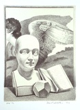 Artist: Wadelton, David. | Title: not titled [sculptural bust and book with faceless winged figure] | Date: 1999, September | Technique: lithograph, printed in colour, from two stones