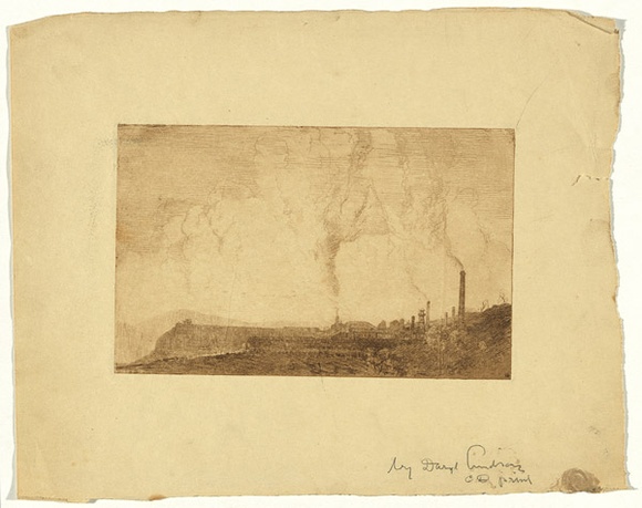 Artist: b'Lindsay, Daryl.' | Title: b'(Industrial scene)' | Date: c.1920 | Technique: b'etching, printed in black ink, from one plate' Artist: b'Lindsay, Daryl.' | Title: b'(Industrial scene)' | Date: c.1920 | Technique: b'etching, printed in black ink, from one plate'