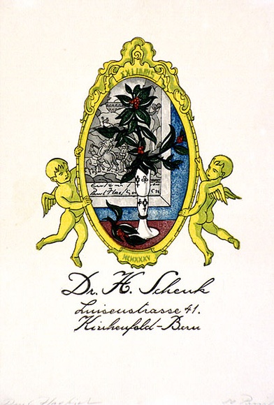 Artist: b'Haefliger, Paul.' | Title: b'Bookplate: Dr H Scheuk, Luiseustrasse 41' | Date: c.1930 | Technique: b'woodcut, printed in black ink, from one block; hand-coloured' Artist: b'Haefliger, Paul.' | Title: b'Bookplate: Dr H Scheuk, Luiseustrasse 41' | Date: c.1930 | Technique: b'woodcut, printed in black ink, from one block; hand-coloured'