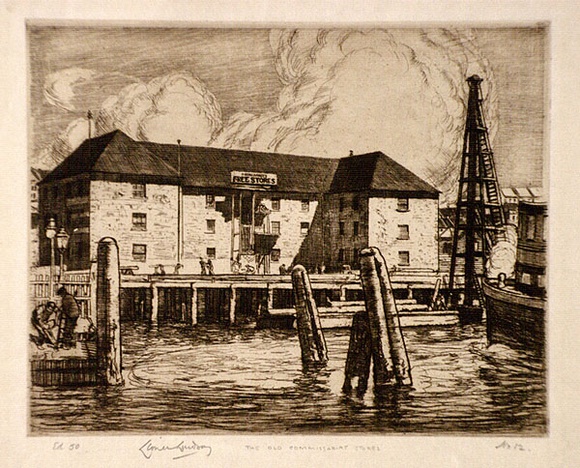 Artist: b'LINDSAY, Lionel' | Title: b'Old commissariat stores, Circular Quay.' | Date: 1912 | Technique: b'etching, printed in brown ink with plate-tone, from one plate' | Copyright: b'Courtesy of the National Library of Australia' Artist: b'LINDSAY, Lionel' | Title: b'Old commissariat stores, Circular Quay.' | Date: 1912 | Technique: b'etching, printed in brown ink with plate-tone, from one plate' | Copyright: b'Courtesy of the National Library of Australia'