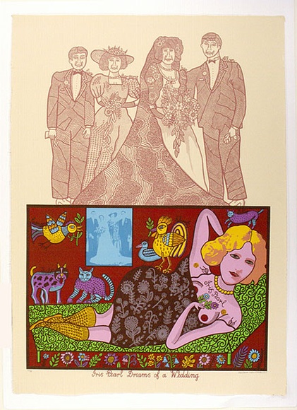Artist: b'HANRAHAN, Barbara' | Title: b'Iris Pearl dreams of a wedding' | Date: 1977 | Technique: b'screenprint, printed in colour, from nine stencils' Artist: b'HANRAHAN, Barbara' | Title: b'Iris Pearl dreams of a wedding' | Date: 1977 | Technique: b'screenprint, printed in colour, from nine stencils'