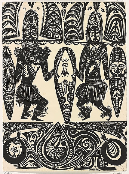 Title: b'Not titled [traditional dancers]' | Date: 1991 | Technique: b'linocut, printed in black ink, from one block'