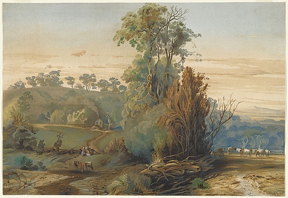 Artist: b'Buvelot, Louis.' | Title: b'A summer evening in the Pentland Hills.' | Date: 1876 | Technique: b'lithograph, printed in colour, from multiple stones'