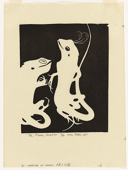 Artist: b'Thake, Eric.' | Title: b'The Plume Hunter' | Date: 1951 | Technique: b'linocut, printed in black ink, from one block' Artist: b'Thake, Eric.' | Title: b'The Plume Hunter' | Date: 1951 | Technique: b'linocut, printed in black ink, from one block'