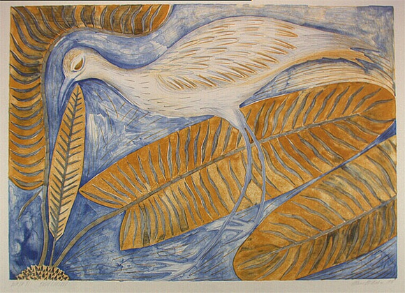 Artist: b'McMahon, Marie.' | Title: b'Wayayi bush curlew' | Date: 1988, December | Technique: b'lithograph, printed in colour, from multiple stones' | Copyright: b'\xc2\xa9 Marie McMahon. Licensed by VISCOPY, Australia' Artist: b'McMahon, Marie.' | Title: b'Wayayi bush curlew' | Date: 1988, December | Technique: b'lithograph, printed in colour, from multiple stones' | Copyright: b'\xc2\xa9 Marie McMahon. Licensed by VISCOPY, Australia'