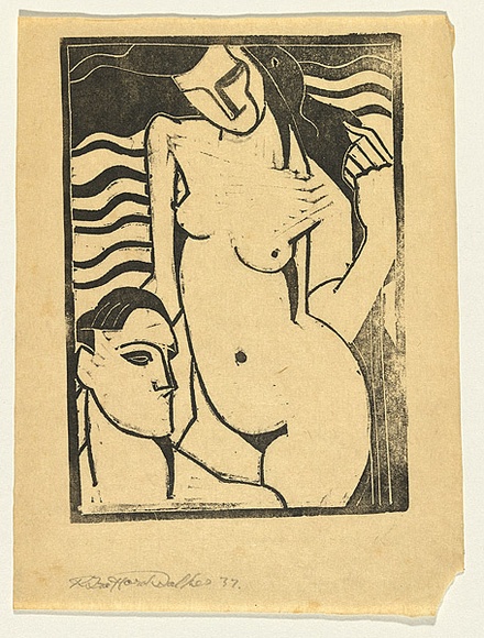 Artist: b'Walker, Ralph Trafford.' | Title: b'(Seduction)' | Date: 1937 | Technique: b'linocut, printed in black ink, from one block' Artist: b'Walker, Ralph Trafford.' | Title: b'(Seduction)' | Date: 1937 | Technique: b'linocut, printed in black ink, from one block'