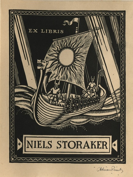 Artist: b'FEINT, Adrian' | Title: b'Bookplate: Niels Storaker.' | Date: (1936) | Technique: b'wood-engraving, printed in black ink, from one block' | Copyright: b'Courtesy the Estate of Adrian Feint' Artist: b'FEINT, Adrian' | Title: b'Bookplate: Niels Storaker.' | Date: (1936) | Technique: b'wood-engraving, printed in black ink, from one block' | Copyright: b'Courtesy the Estate of Adrian Feint'