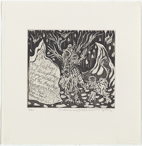 Artist: b'Gittoes, George.' | Title: b'Indecision (Self portrait).' | Date: 1971 | Technique: b'etching, printed in black ink, from one plate' Artist: b'Gittoes, George.' | Title: b'Indecision (Self portrait).' | Date: 1971 | Technique: b'etching, printed in black ink, from one plate'
