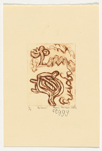 Artist: b'Poulson, Peggy Napururrla.' | Title: b'Puntarru' | Date: 2004 | Technique: b'drypoint etching, printed in brown ink, from one perspex plate' Artist: b'Poulson, Peggy Napururrla.' | Title: b'Puntarru' | Date: 2004 | Technique: b'drypoint etching, printed in brown ink, from one perspex plate'