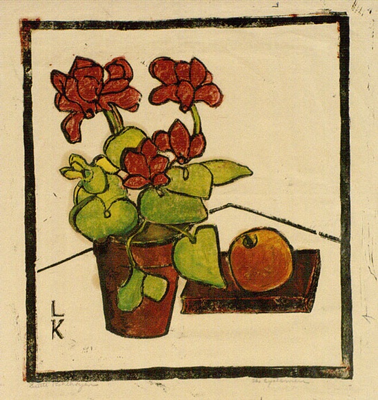 Artist: b'Kohlhagen, Lisette.' | Title: b'The Cyclamen.' | Date: c.1938 | Technique: b'woodcut, printed in colour, from multiple blocks' | Copyright: b'\xc2\xa9 Lisette Kohlhagen. Licensed by VISCOPY, Australia' Artist: b'Kohlhagen, Lisette.' | Title: b'The Cyclamen.' | Date: c.1938 | Technique: b'woodcut, printed in colour, from multiple blocks' | Copyright: b'\xc2\xa9 Lisette Kohlhagen. Licensed by VISCOPY, Australia'
