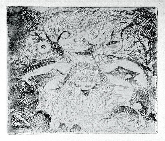 Artist: b'BOYD, Arthur' | Title: bNude washing in a creek with watching head and ram's head. | Date: (1962-63) | Technique: b'etching, printed in black ink, from one plate' | Copyright: b'Reproduced with permission of Bundanon Trust' Artist: b'BOYD, Arthur' | Title: bNude washing in a creek with watching head and ram's head. | Date: (1962-63) | Technique: b'etching, printed in black ink, from one plate' | Copyright: b'Reproduced with permission of Bundanon Trust'