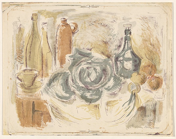 Artist: b'MACQUEEN, Mary' | Title: b'Still life with cabbage' | Date: 1957 | Technique: b'lithograph, printed in colour, from multiple plates' | Copyright: b'Courtesy Paulette Calhoun, for the estate of Mary Macqueen' Artist: b'MACQUEEN, Mary' | Title: b'Still life with cabbage' | Date: 1957 | Technique: b'lithograph, printed in colour, from multiple plates' | Copyright: b'Courtesy Paulette Calhoun, for the estate of Mary Macqueen'