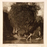 Artist: LINDSAY, Lionel | Title: The satyr's pool | Date: 1917 | Technique: etching and spirit-aquatint, printed in blrown ink, from one plate | Copyright: Courtesy of the National Library of Australia