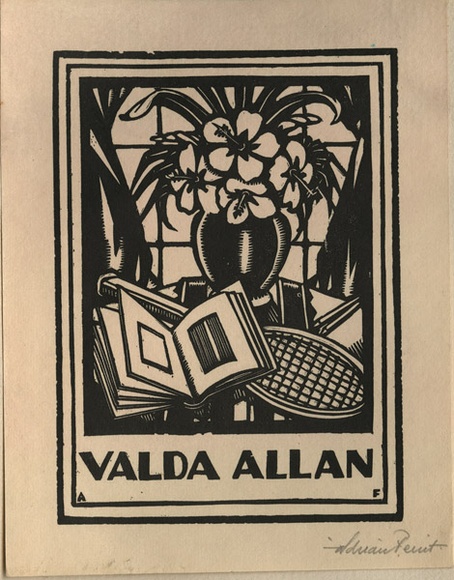 Artist: b'FEINT, Adrian' | Title: b'Bookplate: Valda Allan.' | Date: (1927) | Technique: b'wood-engraving, printed in black ink, from one block' | Copyright: b'Courtesy the Estate of Adrian Feint' Artist: b'FEINT, Adrian' | Title: b'Bookplate: Valda Allan.' | Date: (1927) | Technique: b'wood-engraving, printed in black ink, from one block' | Copyright: b'Courtesy the Estate of Adrian Feint'