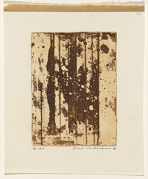Artist: b'WILLIAMS, Fred' | Title: b'Landscape panel. Number 6' | Date: 1962 | Technique: b'aquatint, drypoint and engraving, printed in sepia ink, from one copper plate' | Copyright: b'\xc2\xa9 Fred Williams Estate' Artist: b'WILLIAMS, Fred' | Title: b'Landscape panel. Number 6' | Date: 1962 | Technique: b'aquatint, drypoint and engraving, printed in sepia ink, from one copper plate' | Copyright: b'\xc2\xa9 Fred Williams Estate'