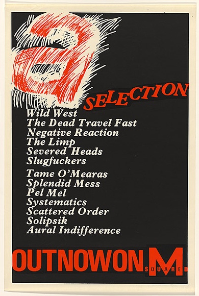 Artist: b'Clutterbuck, Bob.' | Title: b'Out now on M squared - a selection (music poster).' | Date: 1980-81 | Technique: b'screenprint, printed in colour, from two stencils' Artist: b'Clutterbuck, Bob.' | Title: b'Out now on M squared - a selection (music poster).' | Date: 1980-81 | Technique: b'screenprint, printed in colour, from two stencils'