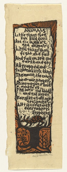 Artist: b'HANRAHAN, Barbara' | Title: b'Animals' | Date: 1962 | Technique: b'linocut, printed in colour, from two blocks (black and brown)'
