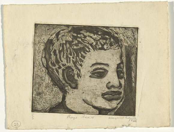 Artist: b'Cilento, Margaret.' | Title: b'Boys head.' | Date: 1948 | Technique: b'etching, softground printed in black ink with plate-tone, from one plate,' Artist: b'Cilento, Margaret.' | Title: b'Boys head.' | Date: 1948 | Technique: b'etching, softground printed in black ink with plate-tone, from one plate,'