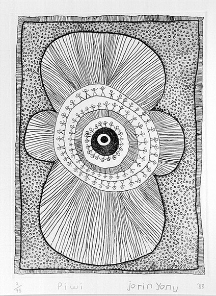 Artist: b'Downs, Jarinyanu David.' | Title: b'Piwi' | Date: 1988 | Technique: b'etching and aquatint, printed in black ink, from one plate' Artist: b'Downs, Jarinyanu David.' | Title: b'Piwi' | Date: 1988 | Technique: b'etching and aquatint, printed in black ink, from one plate'