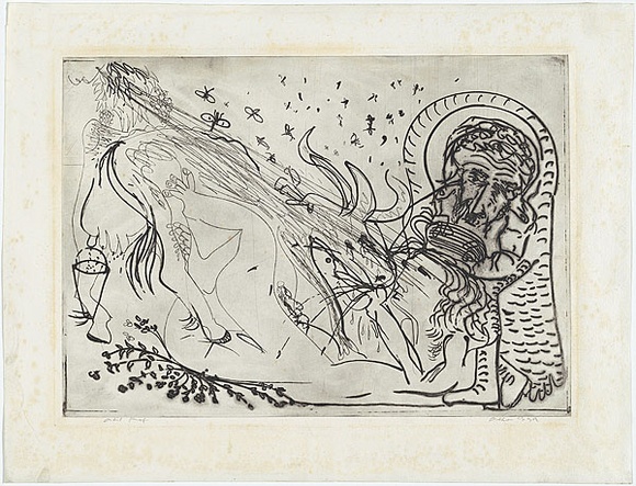 Artist: b'BOYD, Arthur' | Title: b'Reclining figure with white haired potter and cow.' | Date: (1968-69) | Technique: b'etching, printed in black ink, from one plate' | Copyright: b'Reproduced with permission of Bundanon Trust' Artist: b'BOYD, Arthur' | Title: b'Reclining figure with white haired potter and cow.' | Date: (1968-69) | Technique: b'etching, printed in black ink, from one plate' | Copyright: b'Reproduced with permission of Bundanon Trust'