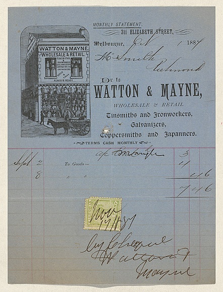 Title: b'Bill head for Watton & Mayne wholesale & retail' | Date: 1880s | Technique: b'engraving, printed in black ink, from one plate; letterpress' Title: b'Bill head for Watton & Mayne wholesale & retail' | Date: 1880s | Technique: b'engraving, printed in black ink, from one plate; letterpress'