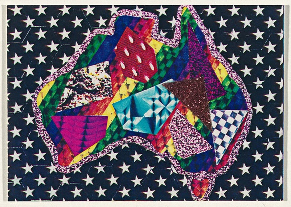 Artist: b'McDiarmid, David.' | Title: b'Postcard (Australia on white star background)' | Date: 1985 | Technique: b'screenprint, printed in colour, from multiple stencils; collage' | Copyright: b'Courtesy of copyright owner, Merlene Gibson (sister)' Artist: b'McDiarmid, David.' | Title: b'Postcard (Australia on white star background)' | Date: 1985 | Technique: b'screenprint, printed in colour, from multiple stencils; collage' | Copyright: b'Courtesy of copyright owner, Merlene Gibson (sister)'