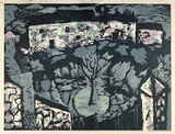 Artist: Adams, Tate. | Title: (Village in Mourne). | Date: (1954) | Technique: linocut, printed in colour, from three blocks