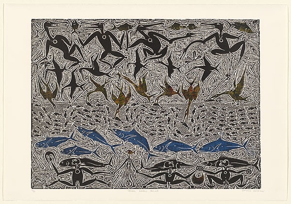 Artist: b'Nona, Dennis.' | Title: b'Saral Zagal Palaik' | Date: 2000 | Technique: b'linocut, printed in black ink, from one block; hand coloured' | Copyright: b'Courtesy of the artist and the Australia Art Print Network' Artist: b'Nona, Dennis.' | Title: b'Saral Zagal Palaik' | Date: 2000 | Technique: b'linocut, printed in black ink, from one block; hand coloured' | Copyright: b'Courtesy of the artist and the Australia Art Print Network'