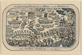 Artist: Cruikshank, George. | Title: An Extraordinary Movement in China or an alteration in The willow pattern - at last!. | Date: 1853 | Technique: etching, printed in black ink, from one steel plate; subsequently hand-coloured