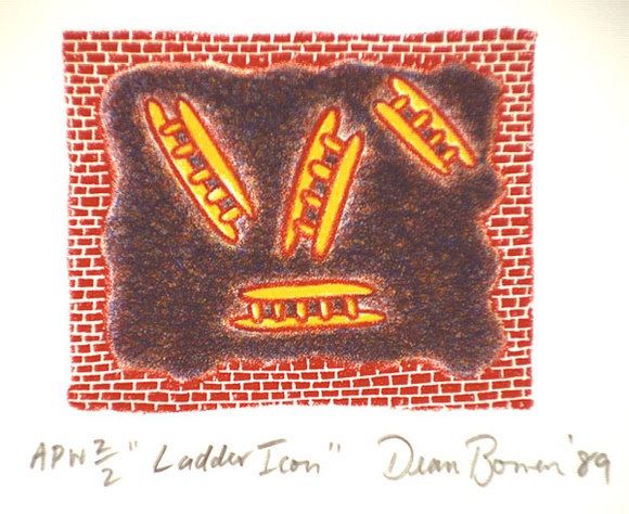 Artist: b'Bowen, Dean.' | Title: b'Ladder icon' | Date: 1989 | Technique: b'lithograph, printed in colour, from three stones' Artist: b'Bowen, Dean.' | Title: b'Ladder icon' | Date: 1989 | Technique: b'lithograph, printed in colour, from three stones'