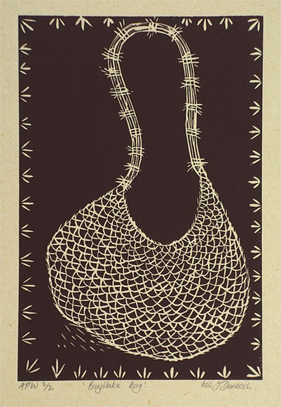 Artist: b'Darroch, Lee J.' | Title: b'Bunjilaka bag' | Date: 2000, November | Technique: b'linocut, printed in black ink, from one block' | Copyright: b'\xc2\xa9 Lee Darroch, artist' Artist: b'Darroch, Lee J.' | Title: b'Bunjilaka bag' | Date: 2000, November | Technique: b'linocut, printed in black ink, from one block' | Copyright: b'\xc2\xa9 Lee Darroch, artist'