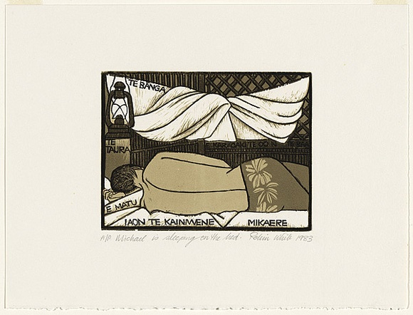Artist: b'White, Robin.' | Title: b'Michael is sleeping on the bed' | Date: 1983 | Technique: b'woodcut, printed in colour, from four blocks (black and three brown inks)' Artist: b'White, Robin.' | Title: b'Michael is sleeping on the bed' | Date: 1983 | Technique: b'woodcut, printed in colour, from four blocks (black and three brown inks)'