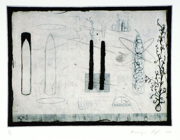 Artist: b'Pigot, Bronwyn.' | Title: b'not titled' | Date: 1988 | Technique: b'drypoint, printed in colour with plate-tone, from one plate' Artist: b'Pigot, Bronwyn.' | Title: b'not titled' | Date: 1988 | Technique: b'drypoint, printed in colour with plate-tone, from one plate'