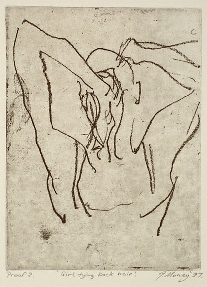 Artist: b'Money, John.' | Title: b'Girl tying back hair' | Date: 1997, March | Technique: b'etching, printed in black ink, from one plate' Artist: b'Money, John.' | Title: b'Girl tying back hair' | Date: 1997, March | Technique: b'etching, printed in black ink, from one plate'
