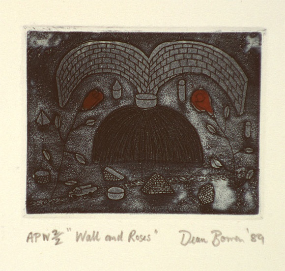 Artist: b'Bowen, Dean.' | Title: b'Wall and roses' | Date: 1989 | Technique: b'etching, printed in blue ink, from one plate' Artist: b'Bowen, Dean.' | Title: b'Wall and roses' | Date: 1989 | Technique: b'etching, printed in blue ink, from one plate'