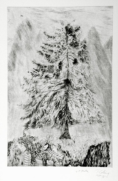 Artist: b'COLEING, Tony' | Title: b'Bunyah pine meets lilo man.' | Date: 1989-90 | Technique: b'etching, printed in black ink, from one plate' Artist: b'COLEING, Tony' | Title: b'Bunyah pine meets lilo man.' | Date: 1989-90 | Technique: b'etching, printed in black ink, from one plate'