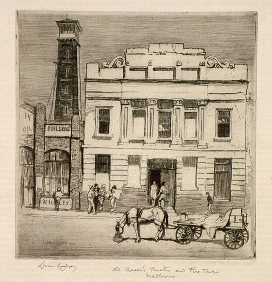 Artist: b'LINDSAY, Lionel' | Title: bOld Queen's Theatre, Queen Street, Melbourne | Date: 1917 | Technique: b'etching, printed in black ink with plate-tone, from one plate' | Copyright: b'Courtesy of the National Library of Australia' Artist: b'LINDSAY, Lionel' | Title: bOld Queen's Theatre, Queen Street, Melbourne | Date: 1917 | Technique: b'etching, printed in black ink with plate-tone, from one plate' | Copyright: b'Courtesy of the National Library of Australia'