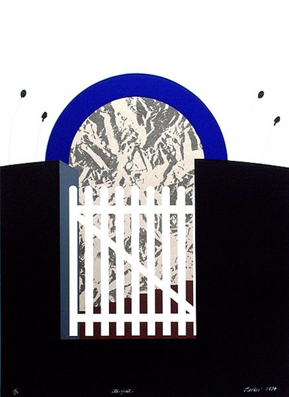 Artist: b'Barker, George.' | Title: b'The gate.' | Date: 1974 | Technique: b'screenprint, printed in colour, from multiple stencils' | Copyright: b'\xc2\xa9 George Barker' Artist: b'Barker, George.' | Title: b'The gate.' | Date: 1974 | Technique: b'screenprint, printed in colour, from multiple stencils' | Copyright: b'\xc2\xa9 George Barker'